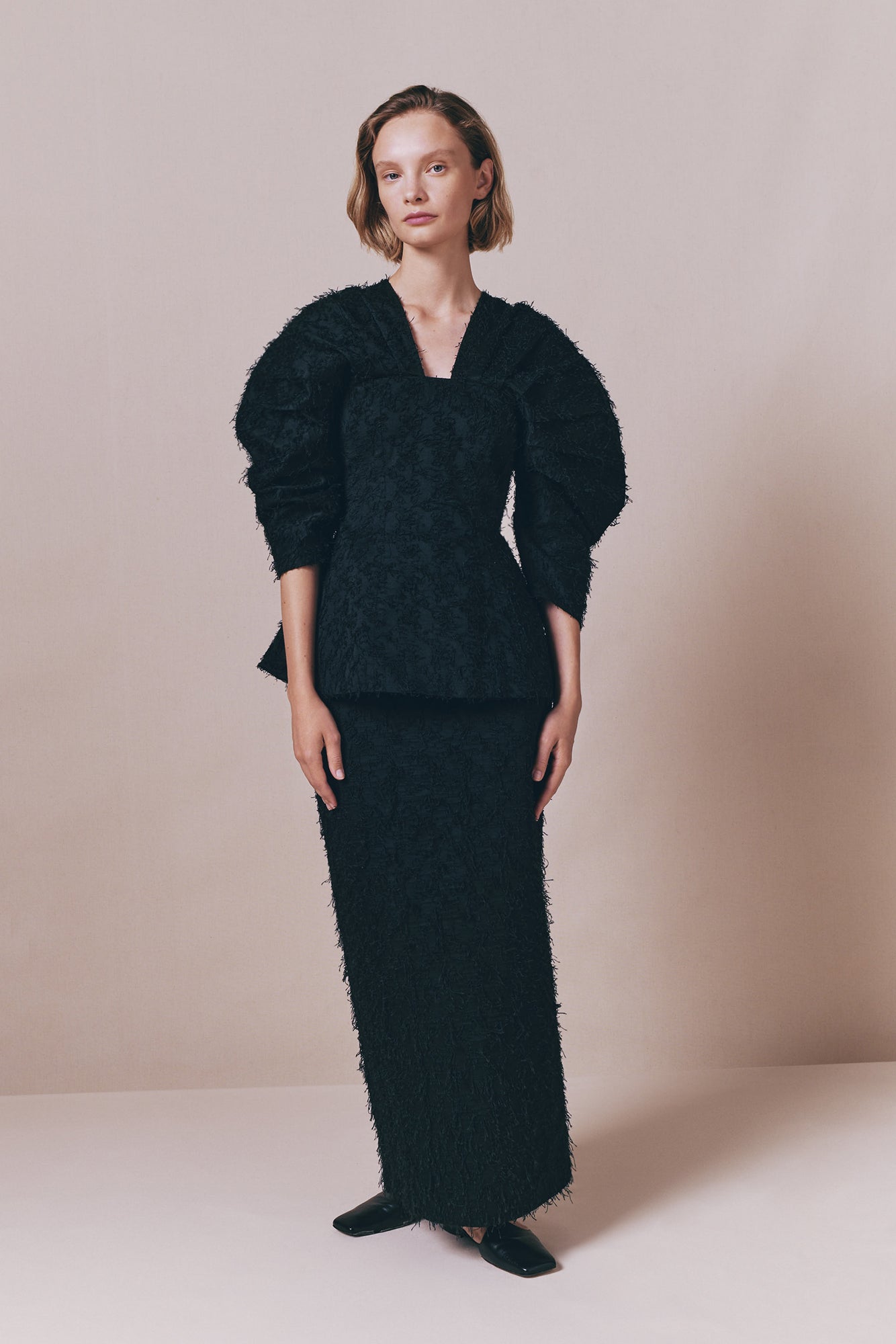 Black Textured Top With Structured Sleeves