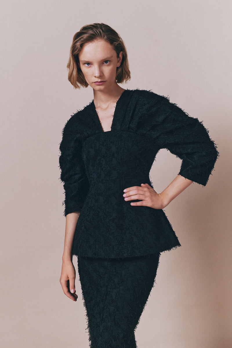 Black Textured Top With Structured Sleeves