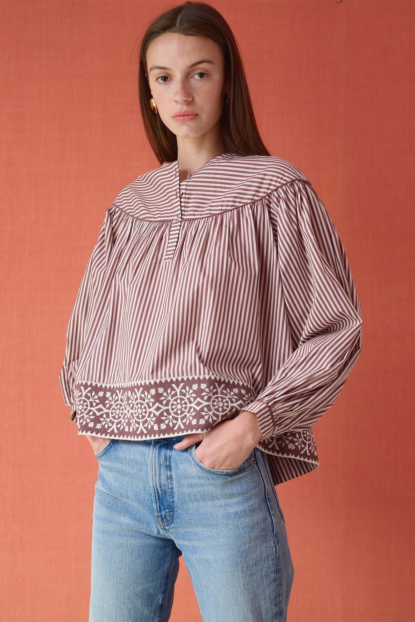 Birdie Blouse - Brown Stripe Embroidered