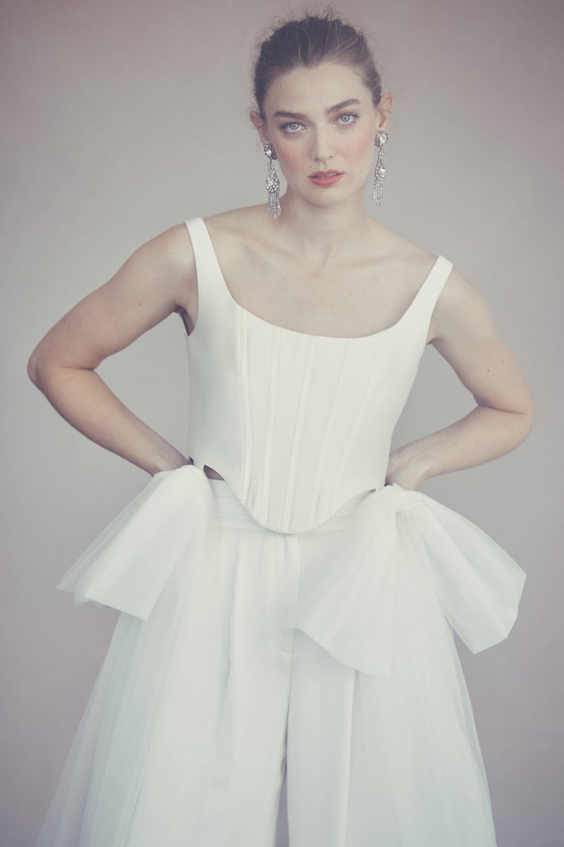 Bonnie Corset Top in Ivory Silk Wool With Tulle Bows