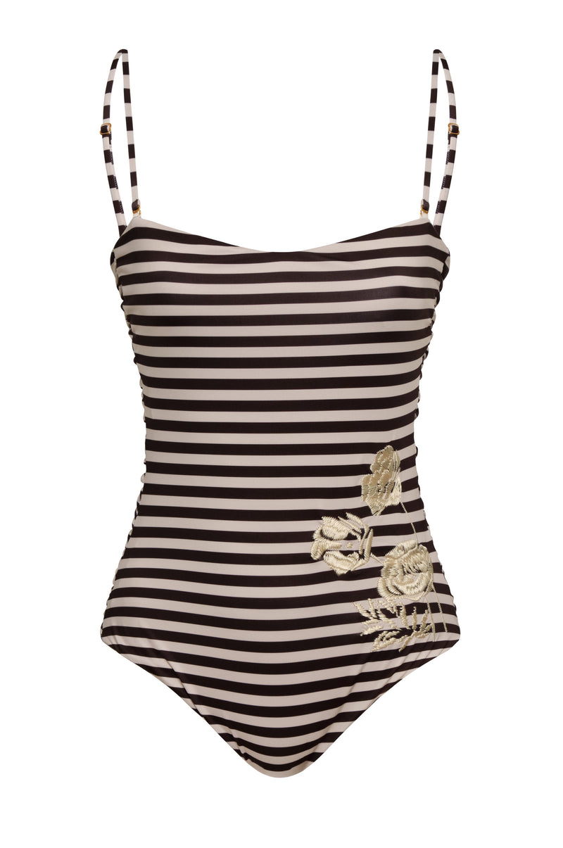 Las Balsas Embroidered One Piece / Black & White Stripes
