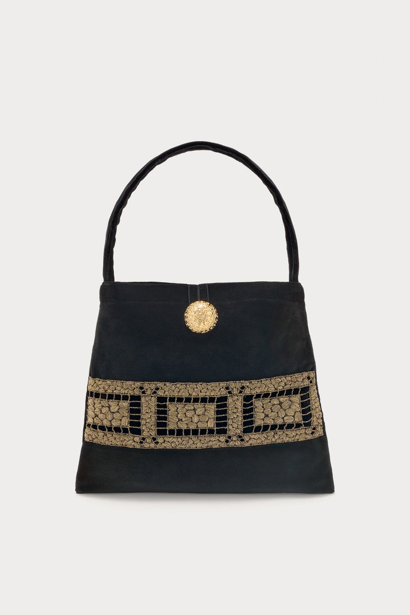 Black Velvet Bag With Embroidered Detailing